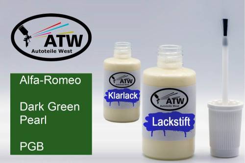 Alfa-Romeo, Dark Green Pearl, PGB: 20ml Lackstift + 20ml Klarlack - Set, von ATW Autoteile West.